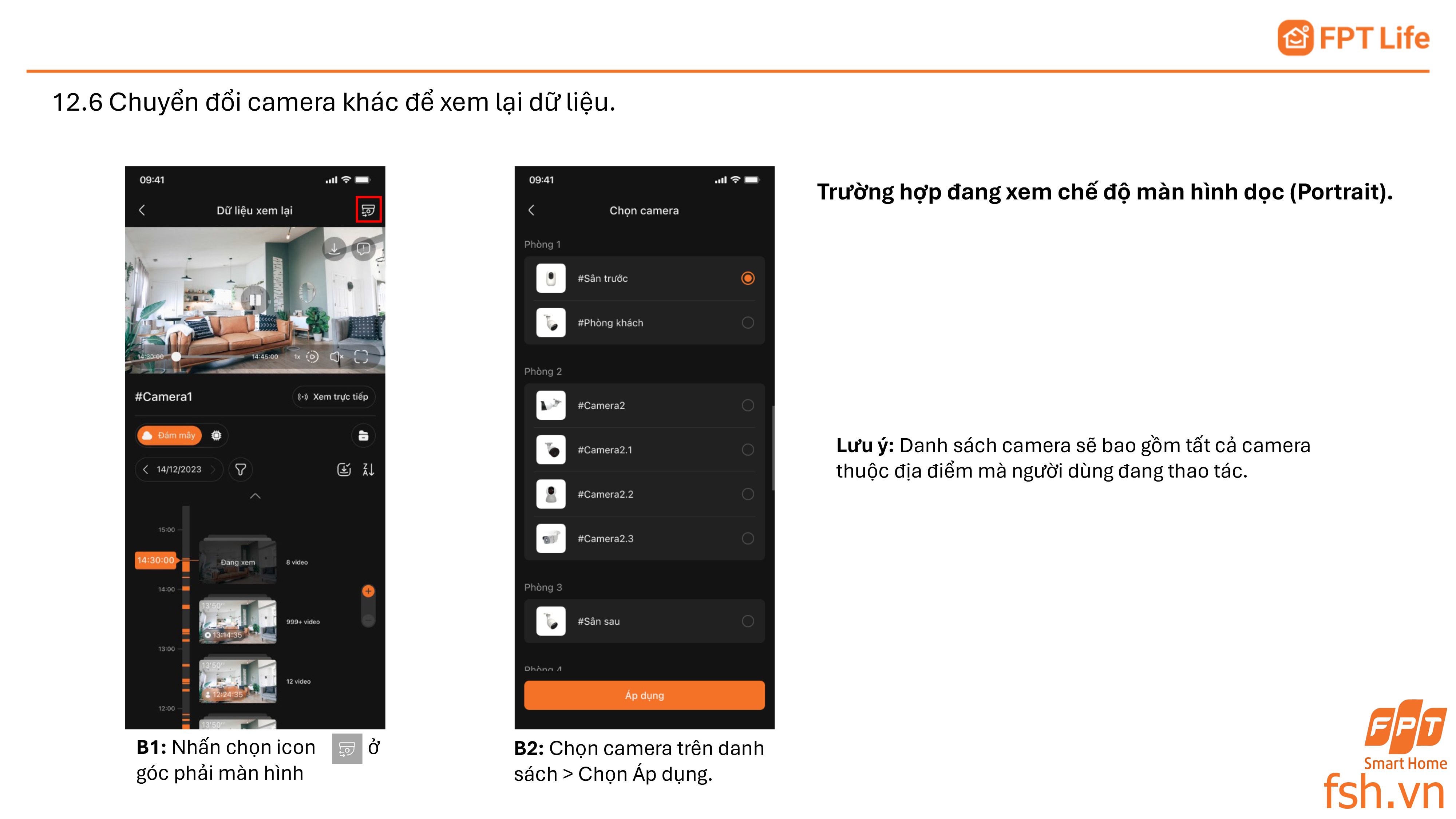 Chuyển đổi camera khác để xem dữ liệu trên app FPT Life Pro