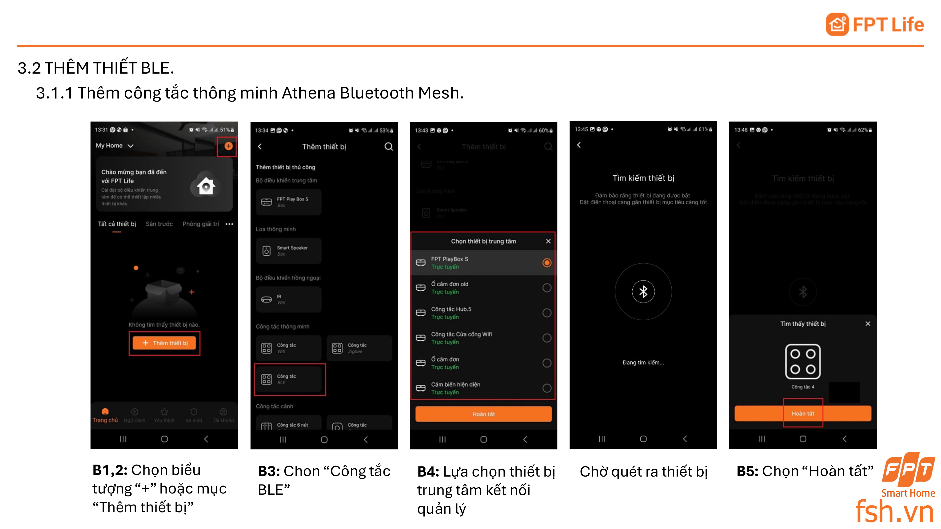 Thêm thiết bị BLE công tắc Athena App FPT Life pro