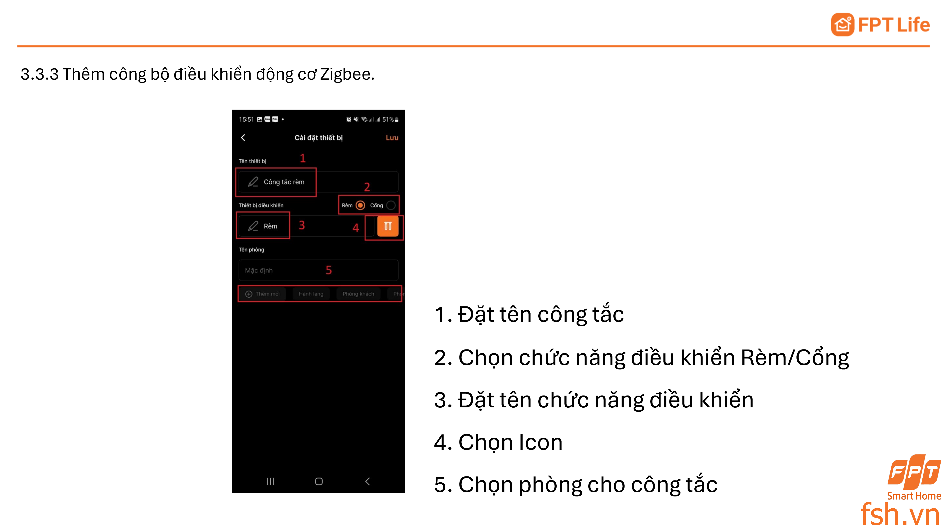 Thêm thiết bị Zigbee bộ điều khiển động cơ hera FPT Life pro