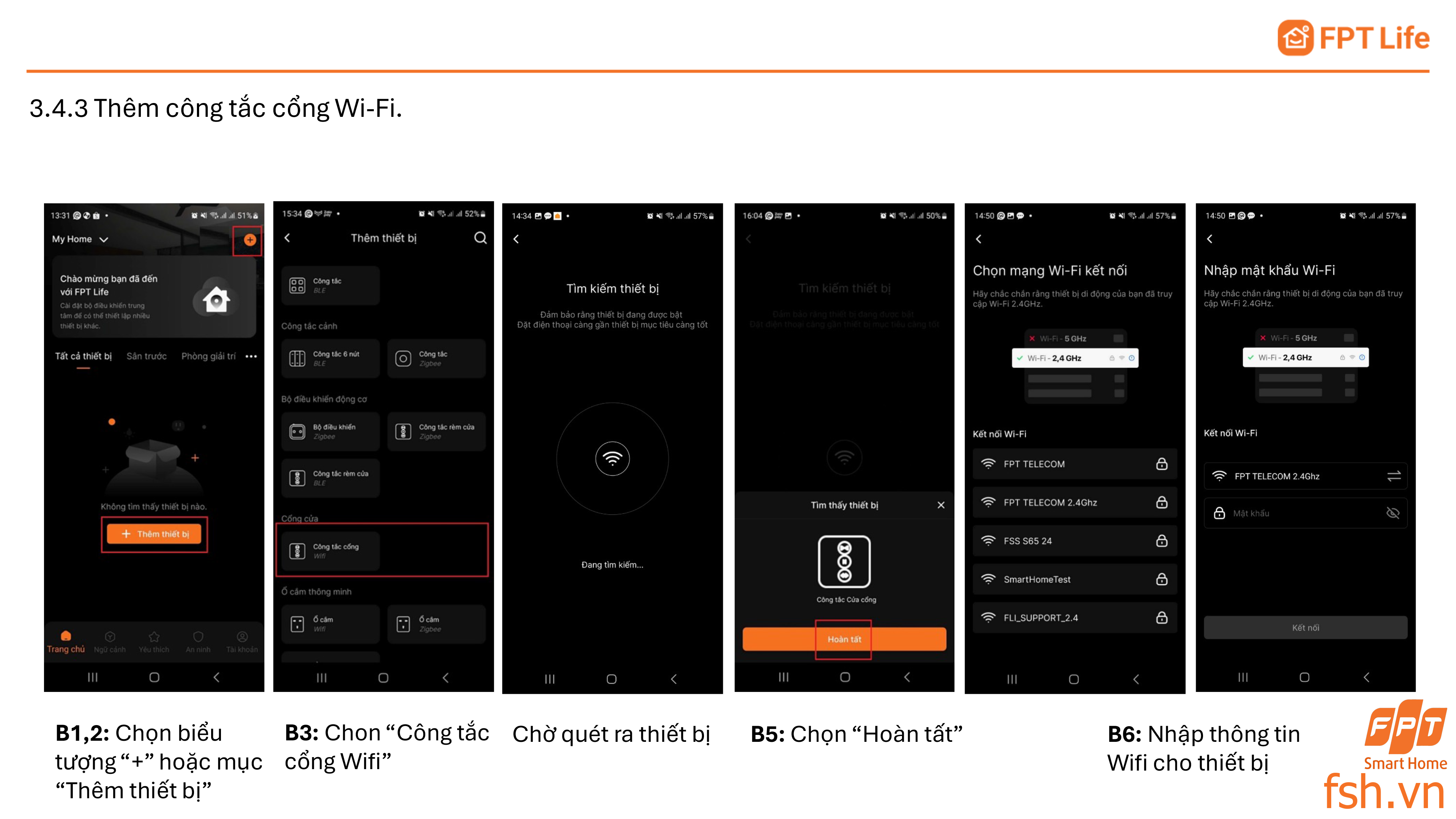 Thêm thiết bị Wifi Công tắc cửa cuốn wifi App FPT Life Pro