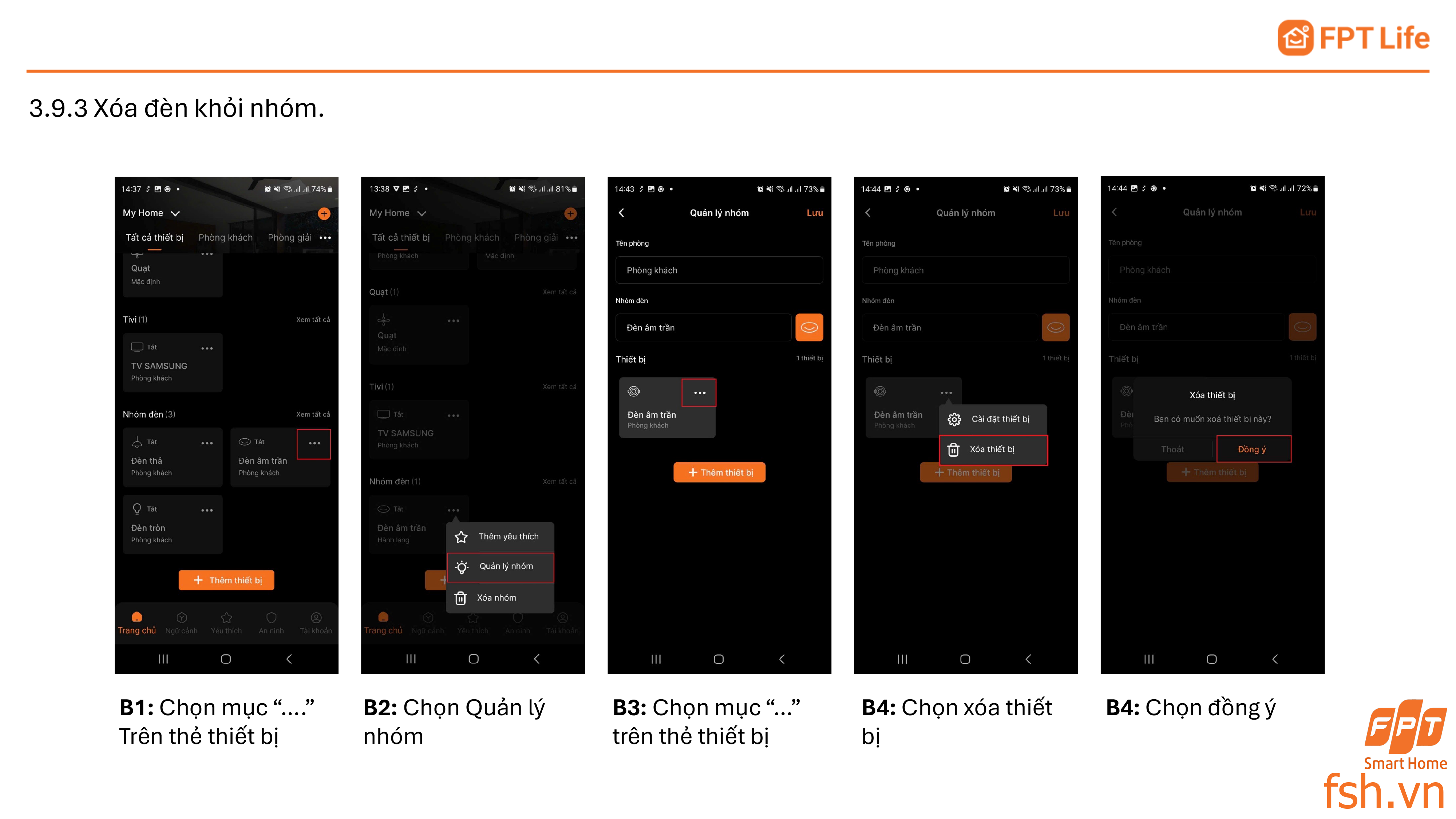 Xoá đèn thông minh khỏi nhóm FPT Life Pro