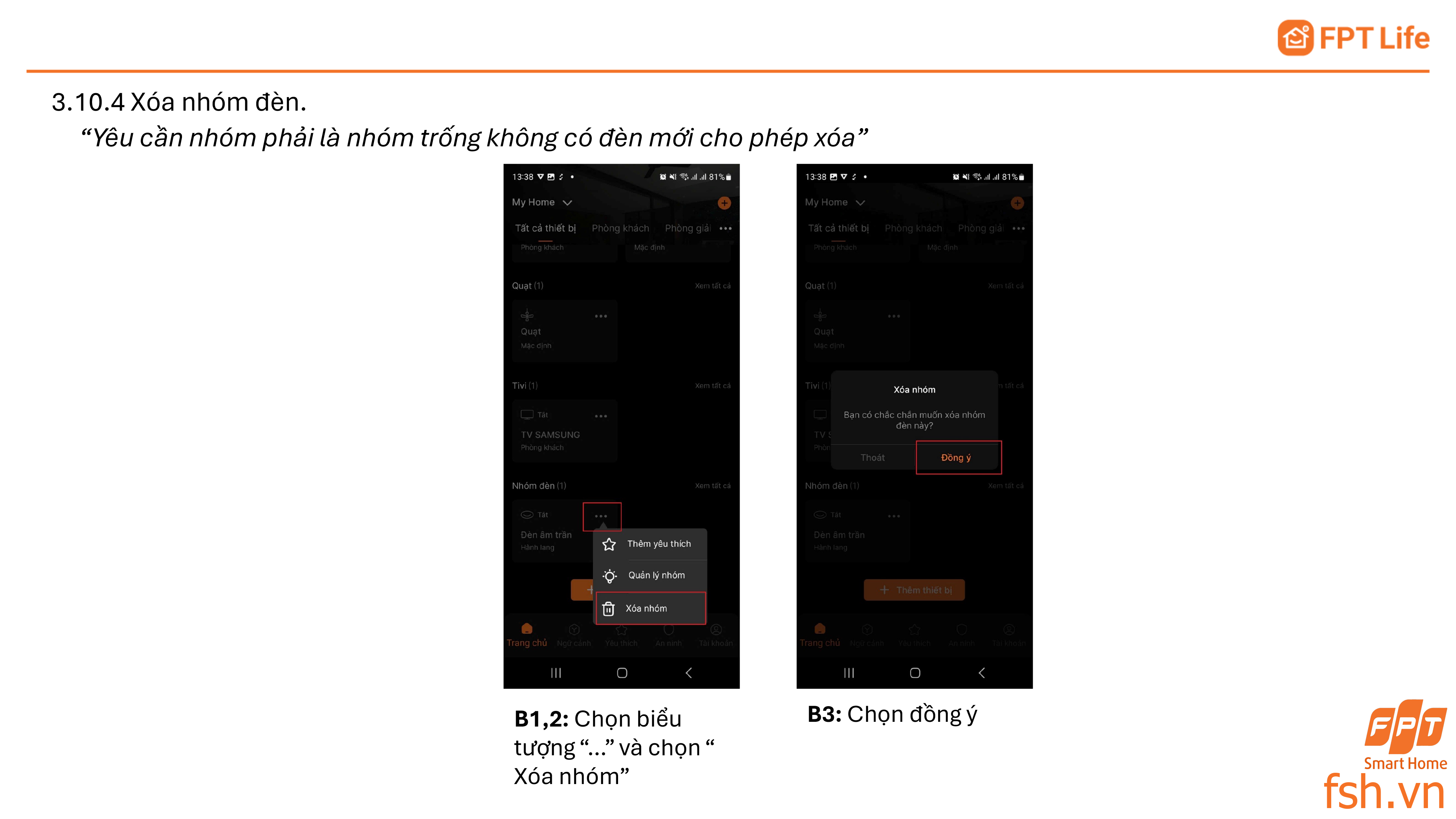 Xoá nhóm đèn thông minh FPT Life Pro