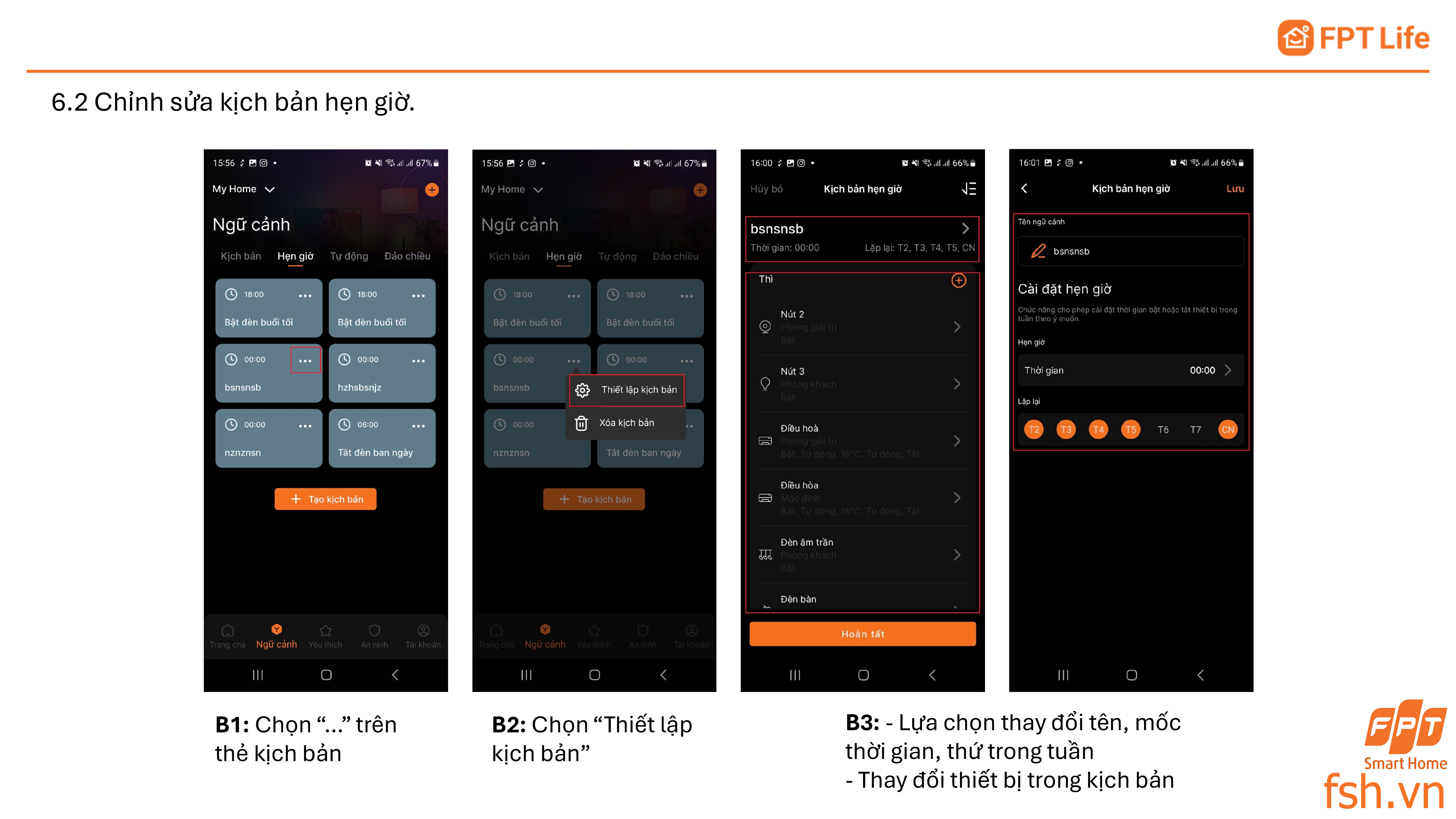 Chỉnh sửa kịch bản hẹn giờ trên App FPT Life Pro
