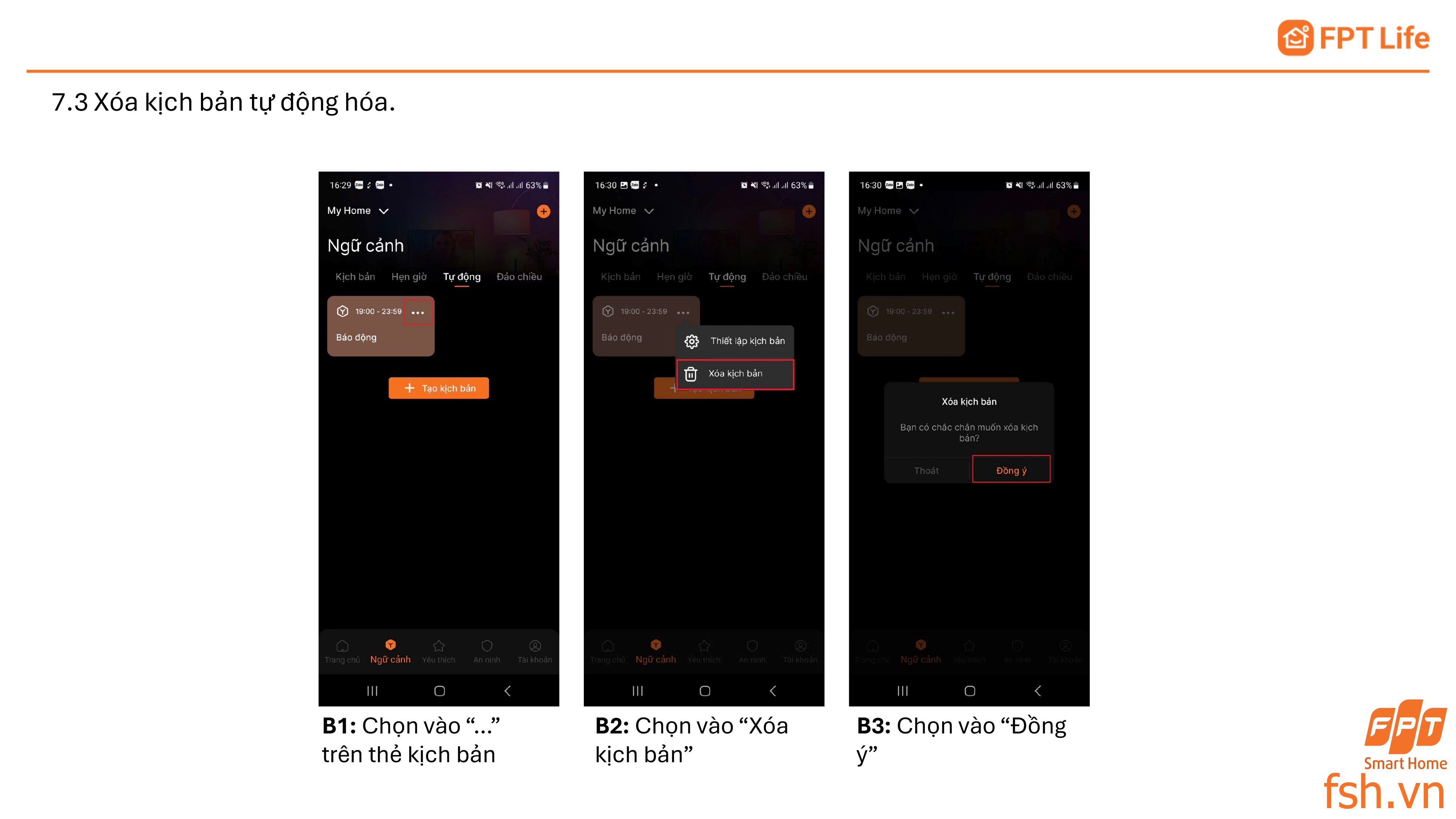 Xoá kịch bản tự động hoá trên App FPT Life Pro